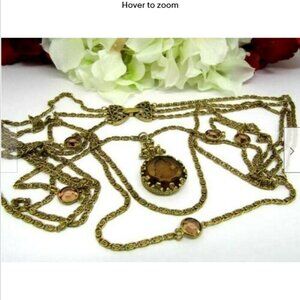 Vintage Goldette Intaglio SmokeyTopaz Cameo 5 Strand Gold Tone Bezel Necklace